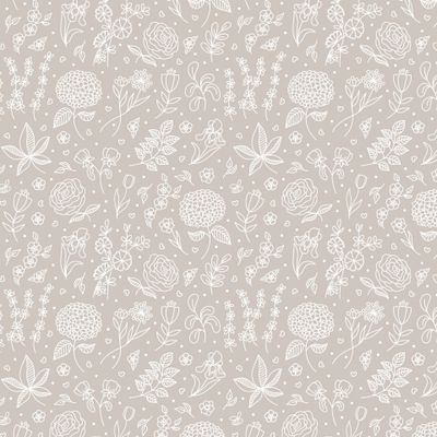 Белые весенние цветы и листья на бежевом (дудлы)