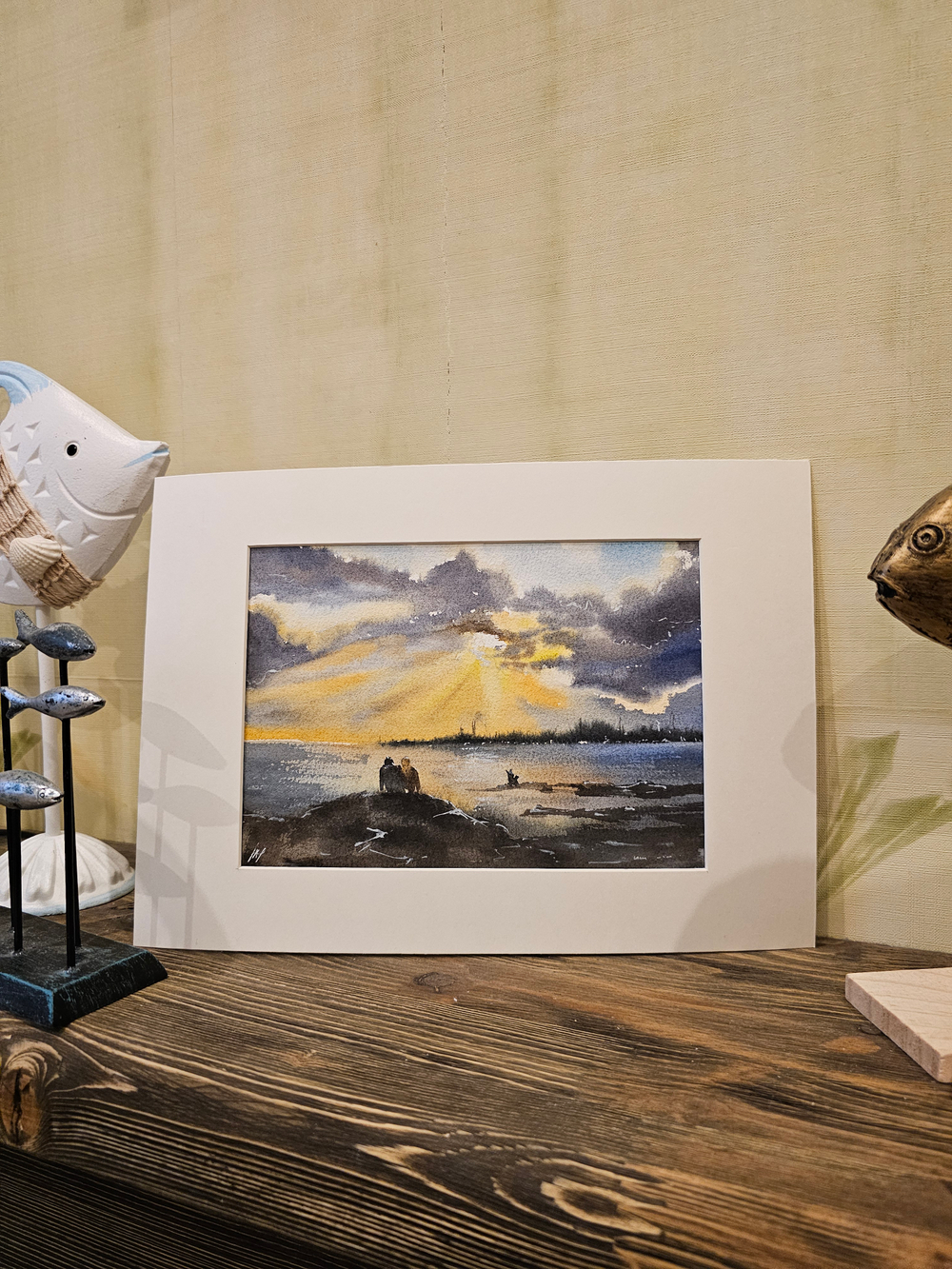 Картина авторская акварельная в паспарту 21*30 см на стену для интерьера "Он, она и собака"