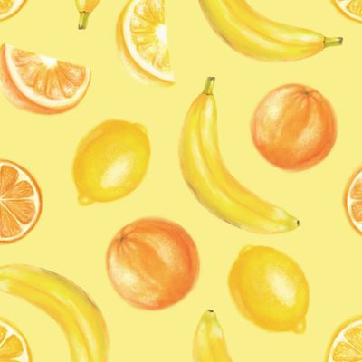 Апельсин, лимон, банан. Фрукты на желтом фоне