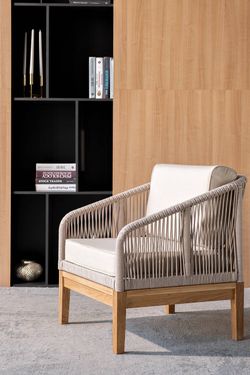 "Канны" кресло плетеное из роупа, основание дуб, роуп бежевый круглый, ткань бежевая 052