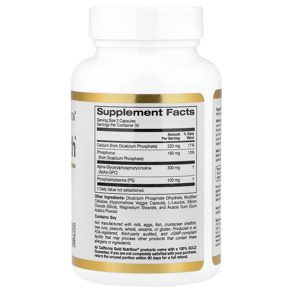 California Gold Nutrition, добавка для здоровья мозга с альфа-глицерофосфорилхолином, кальцием, фосфором и фосфатидилсерином, 60 растительных капсул