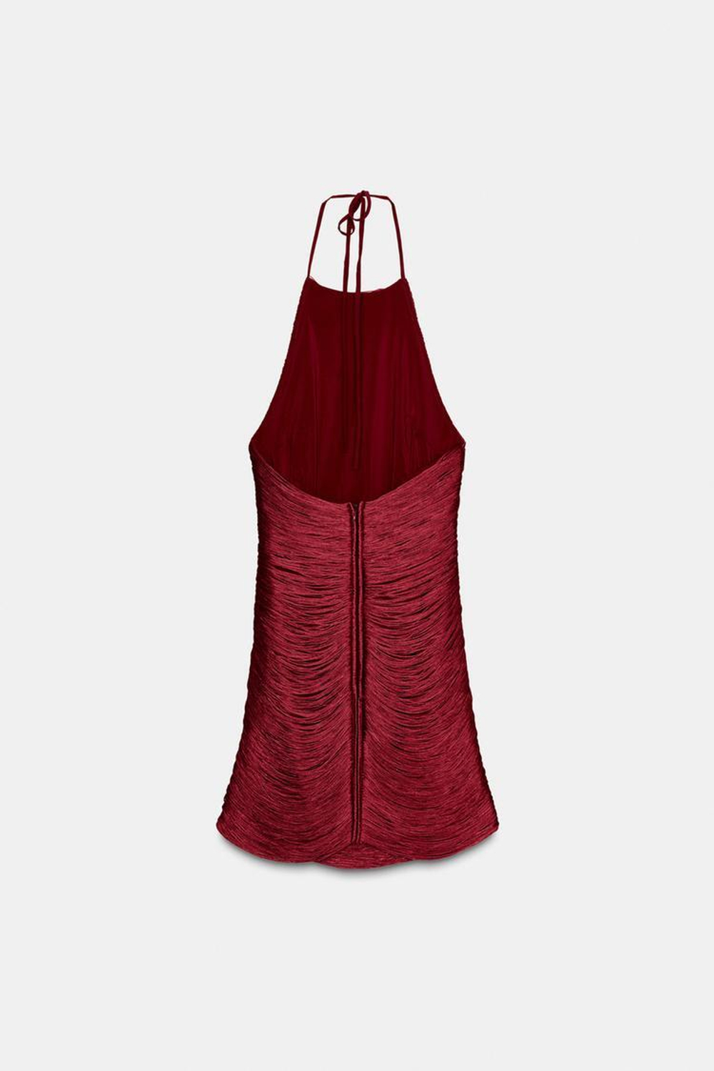 ZARA КОРОТКОЕ ПЛАТЬЕ С ГОРЛОВИНОЙ ХАЛТЕР И БАХРОМОЙ, ВИШНЕВЫЙ