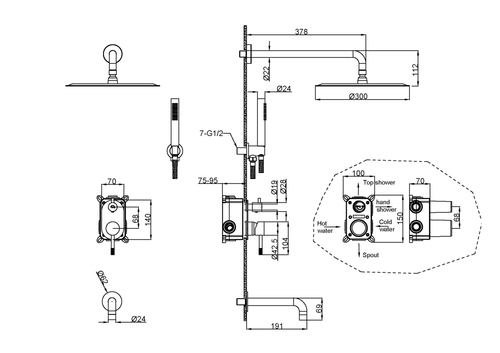 Boheme Смеситель встроенный + верхний+ ручной душ и изливом Uno. Gun Metall