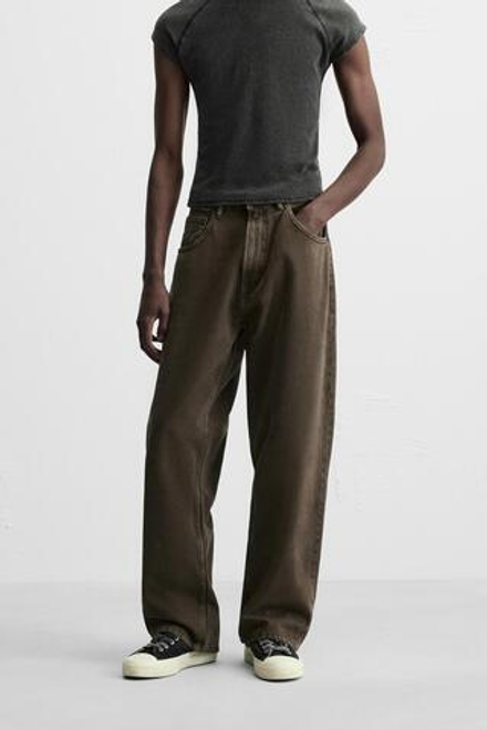 ZARA ДЖИНСЫ BAGGY-FIT ИЗ ТКАНИ С ЭФФЕКТОМ ПОТЕРТОСТИ, ТЕМНО-КОРИЧНЕВЫЙ
