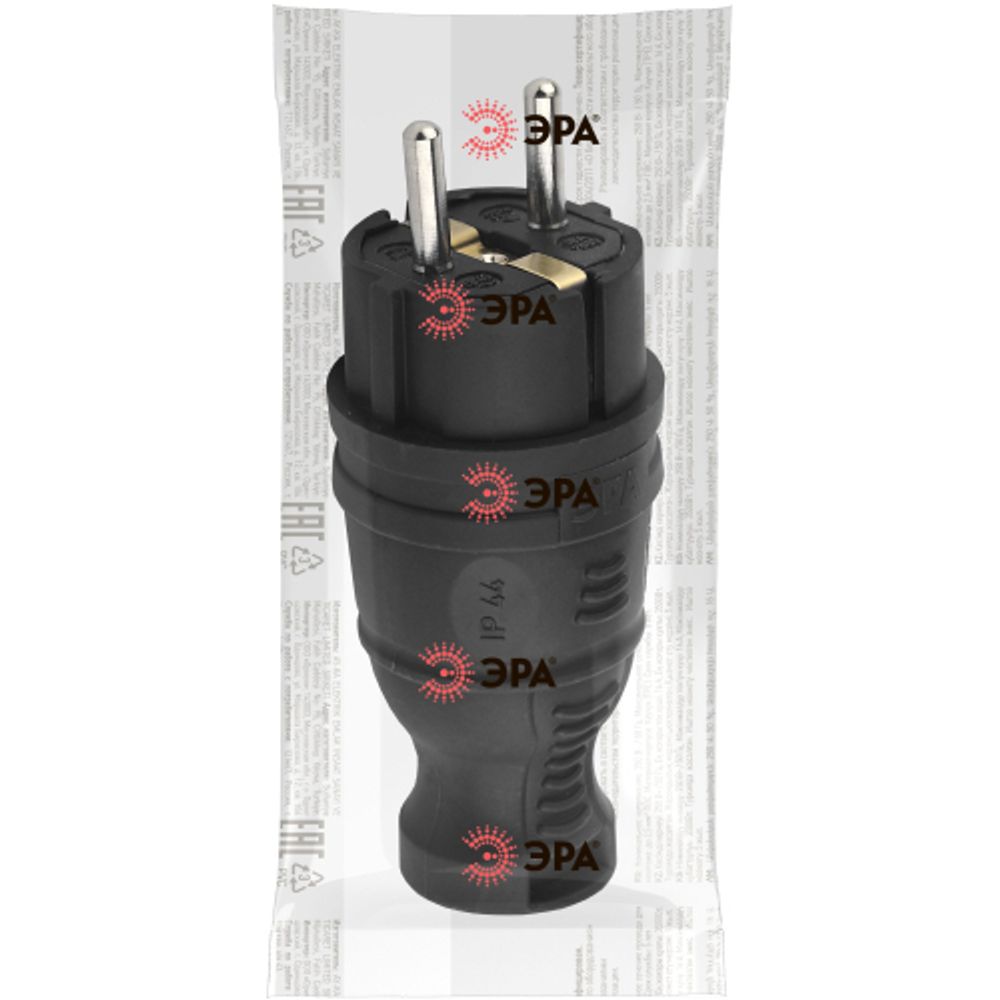 Вилка ЭРА V8-B-IP44 каучуковая с заземлением прямая 16A IP44 черная | Штепсельные вилки и розетки