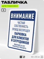 Табличка для парковки "Внимание, частная собственность, парковка для клиентов", для дома, офиса, организаций, 40х30 см, Silver Plane x Айдентика Технолоджи
