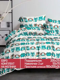 Постельное белье Полисатин Мечта "Owl" евро Наволочка 50х70 см 2 шт Простынь на резинке 180x200 см Пододеяльник 200x215 см