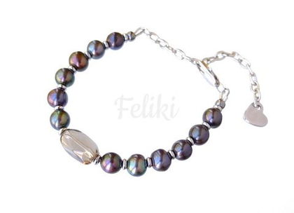 браслет из чёрного жемчуга с раухтопазом