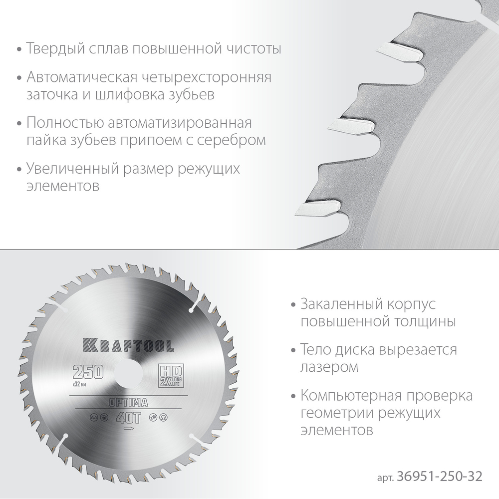 KRAFTOOL Optima, 250 х 32 мм, 40Т, пильный диск по дереву (36951-250-32)