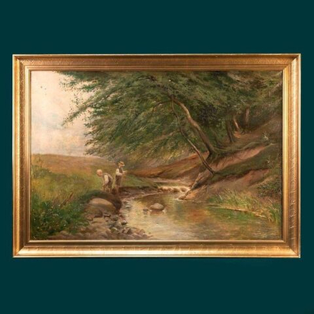 Винтаж: Антикварная картина «Мальчики ловят рыбу на реке»