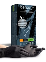 Перчатки нитриловые смотровые нестерильные неопудренные текстурированные на пальцах Benovy размер L черные 50 пар