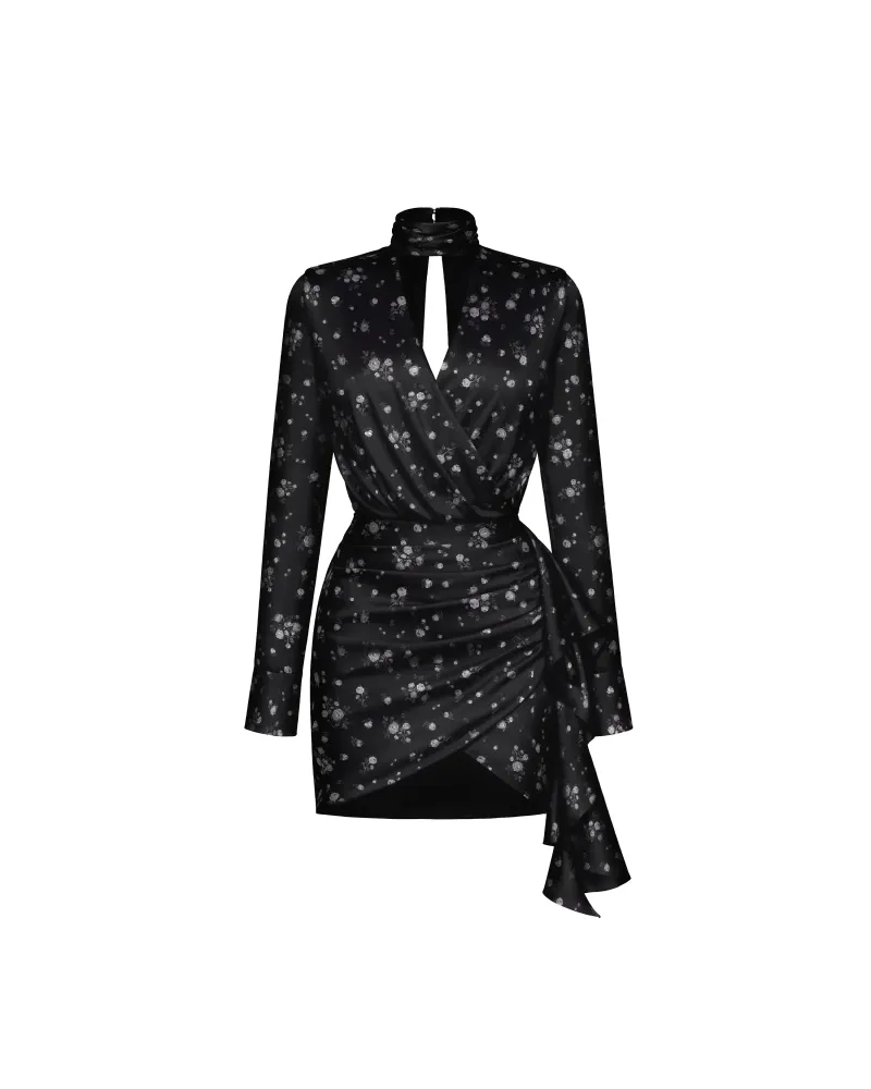 ЛЕА мини (Leah mini), платье из черного атласа мелкие серые цветы