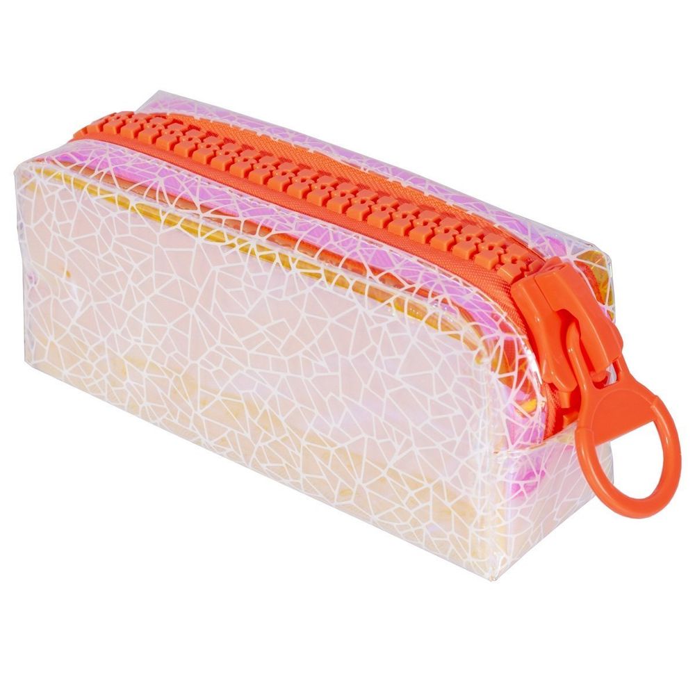 Пенал - косметичка Alingar, ПВХ-голографика, объемная красная молния, 100 х 210 мм, "Голографика. Рельеф-Паутина", розово-оранжевый