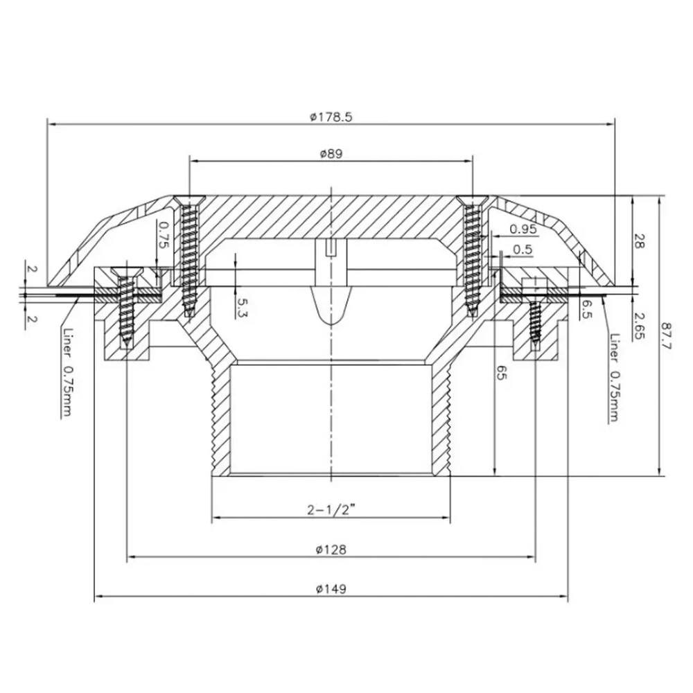 Водозабор стеновой круглый под плитку/бетон - Ø162мм, 35 м³/ч, Ø63мм - НР2 1/2", ABS-пластик - BAH.B, Kripsol, Испания