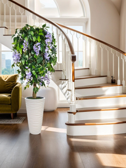 Искусственное дерево Акация сиреневая 170 см в высоком круглом белом кашпо