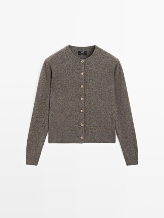 Massimo Dutti Кардиган из 100% шерсти с золотистыми пуговицами, кротово-коричневый