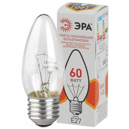 Лампочка ЭРА B36 60Вт Е27 / E27 230В свечка прозрачная цветная упаковка