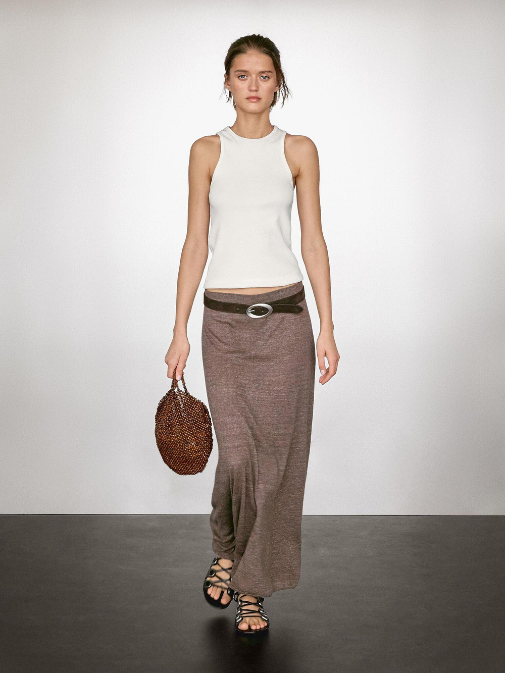 Massimo Dutti Длинная трикотажная юбка из смесового льна, коричневый