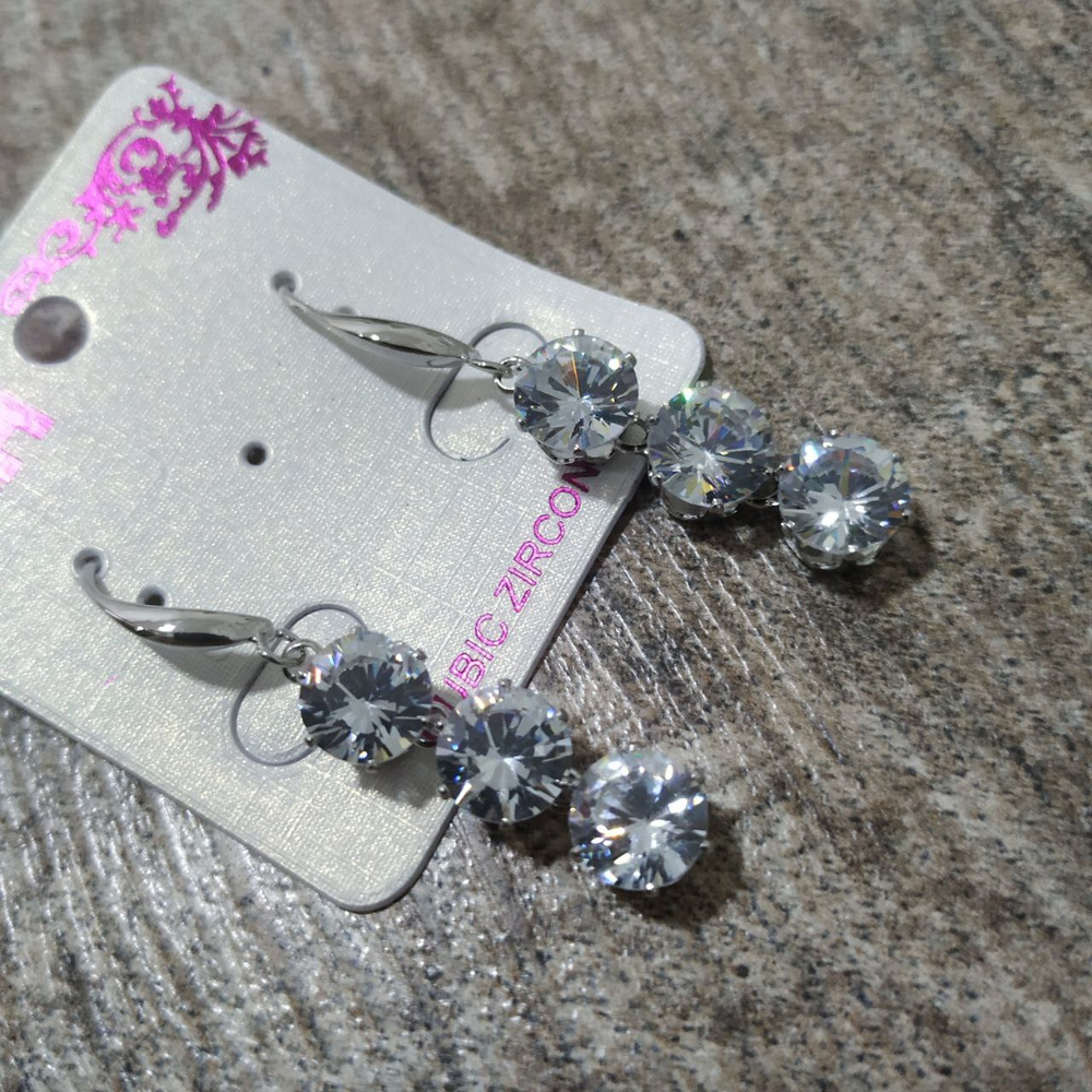 Серьги-петли Cubic Zirconia подвеска 3 круга цвет прозрачный металл серебристый