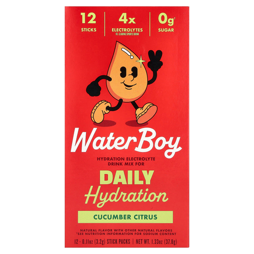 Waterboy, Daily Hydration, смесь для приготовления электролитического напитка, огурец и цитрус, 12 стиков в упаковке, 3,2 г (0,11 унции)