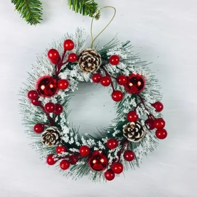 Венок новогодний d-20 см «Морозный иней», красный