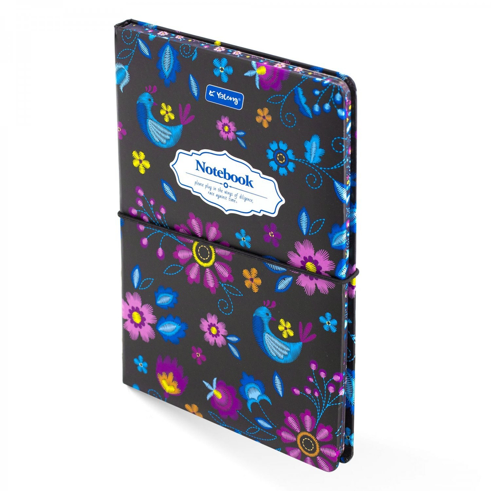 Записная книжка, А5, Yalong, 7БЦ, матовая ламинация, поролон, на резинке, клетка, цветной срез, 80 л., "Вышивка на черном", ассорти