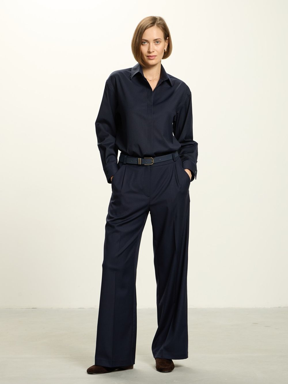 Комплект рубашка Хельсинки шерсть и брюки палаццо синие смесовая шерсть