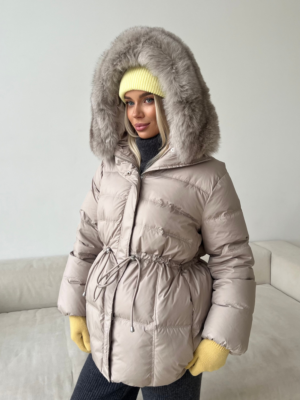 Пуховик Fresh миди с кулиской бежевый