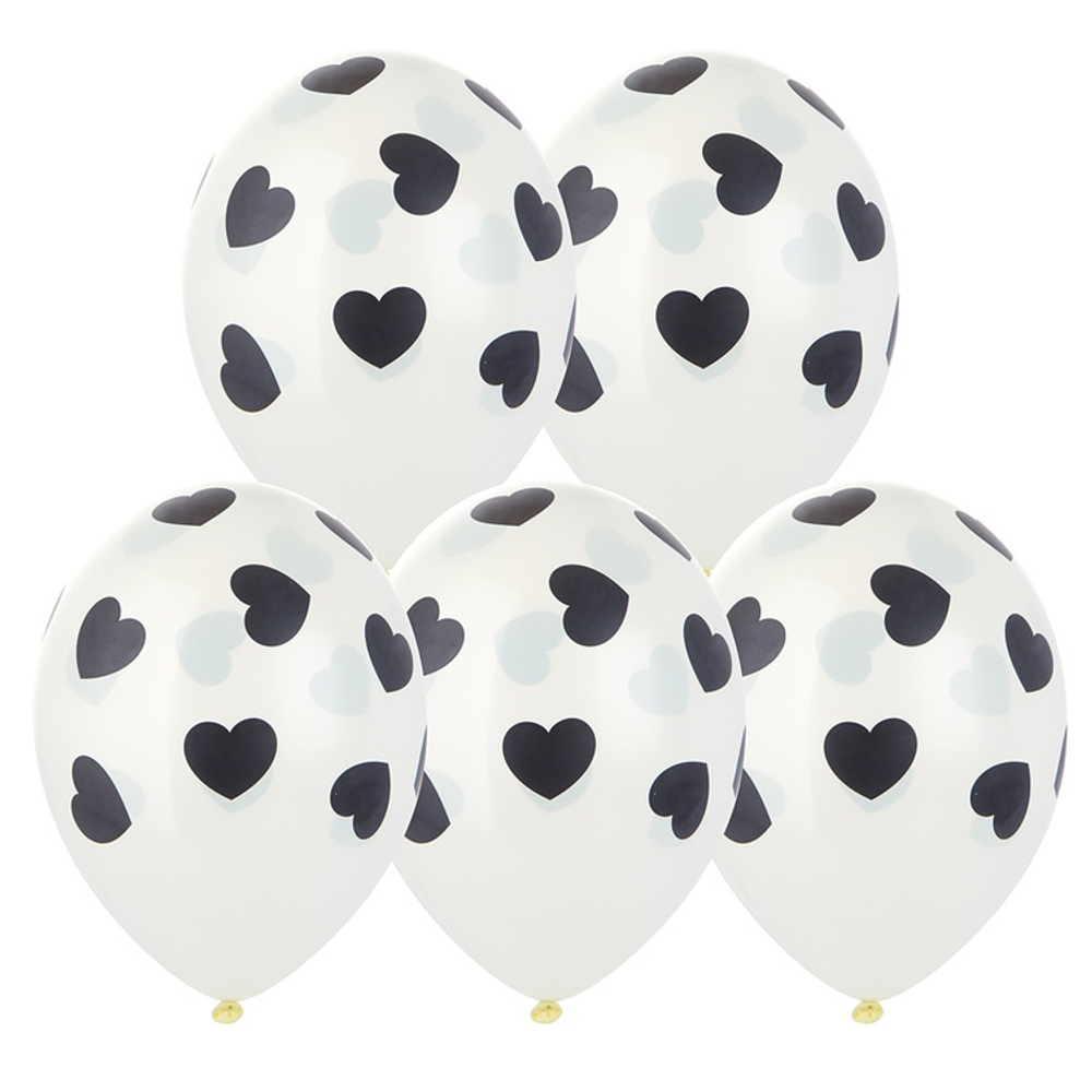 Купить прозрачные шарики с гелием с черными сердечками под потолок недорого