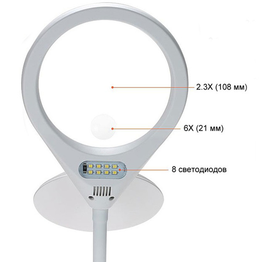 Лупа Kromatech настольная 2/6х, 120/23 мм, с прищепкой и подсветкой (8 LED) BC120C