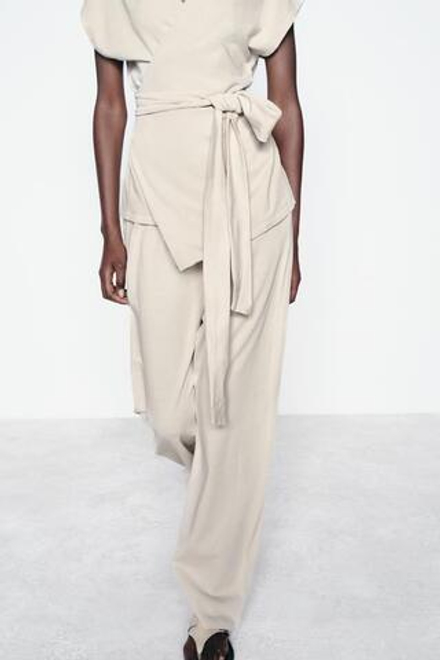 ZARA БРЮКИ ИЗ ПЛОТНОГО ХЛОПКА С ЭФФЕКТОМ ПОТЕРТОСТИ, ЭКРЮ