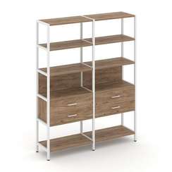 Shelf System Двухсекционный стеллаж пятиярусный с ящиками SN.STM-522 Дуб Табак/Металл Белый 1590*400