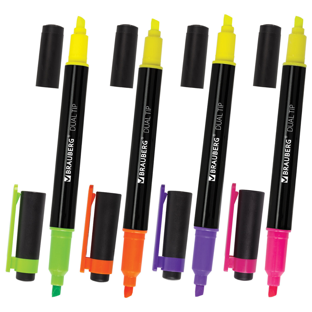 набор текстовыделителей двусторонних BRAUBERG DUAL TIP 4 шт. ассорти линия 1-4 мм (4 штуки в упаковке)