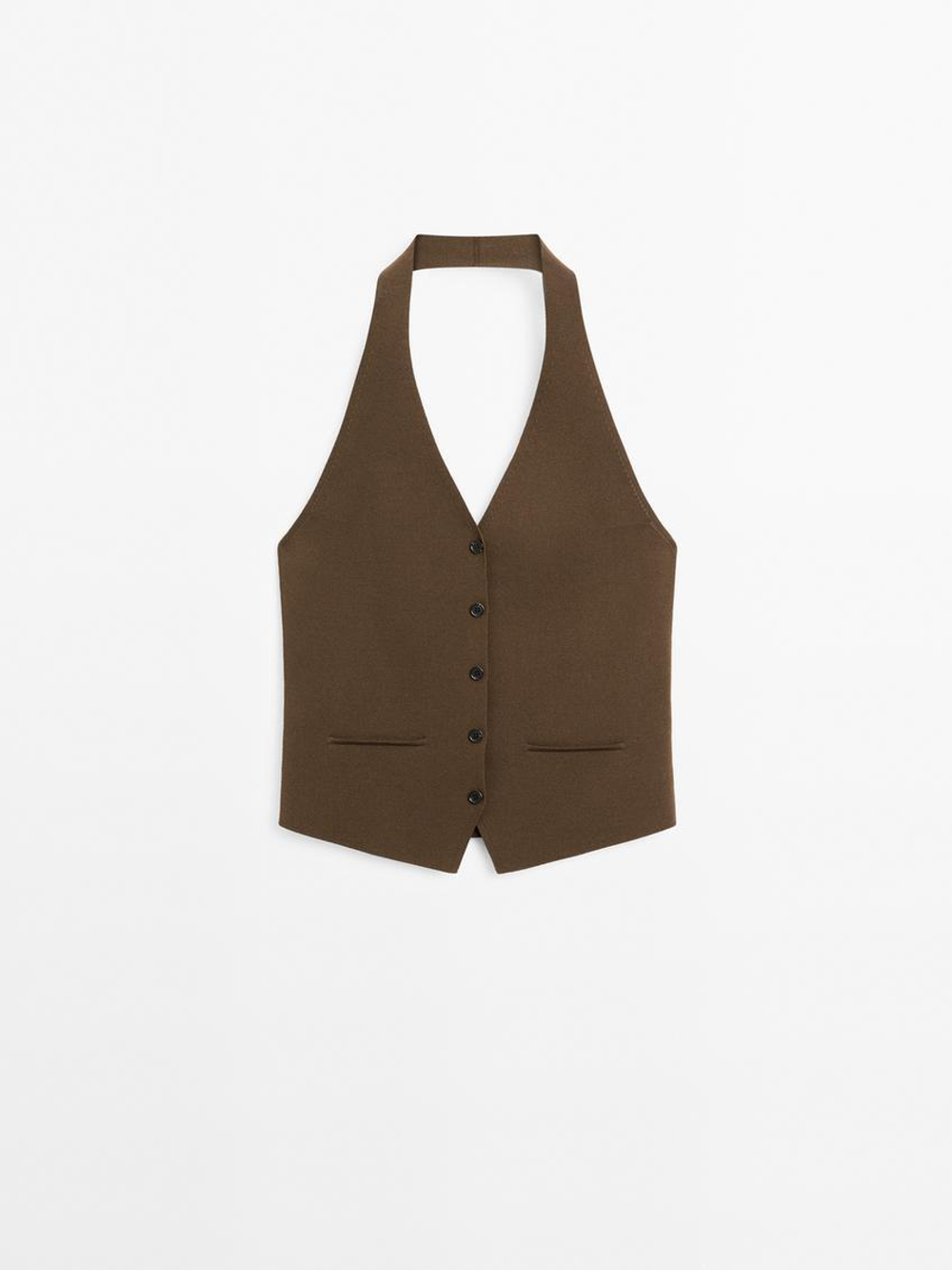 Massimo Dutti Вязаный жилет с воротником-халтер, хаки