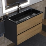 Тумба с раковиной Uperwood Barsa 80 см, раковина черная глянцевая, подвесная тумба черная/дуб сонома