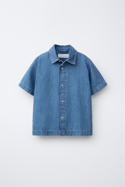 ZARA ДЖИНСОВАЯ РУБАШКА ИЗ ХЛОПКА И ЛЬНА, СИНИЙ