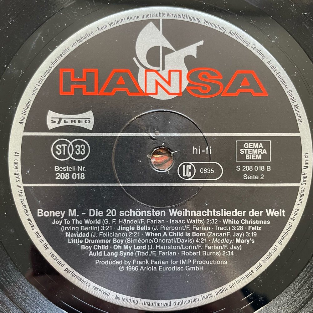 Винтажная виниловая пластинка LP Boney M. Бони М, The 20 Greatest Christmas Songs (Германия 1986)
