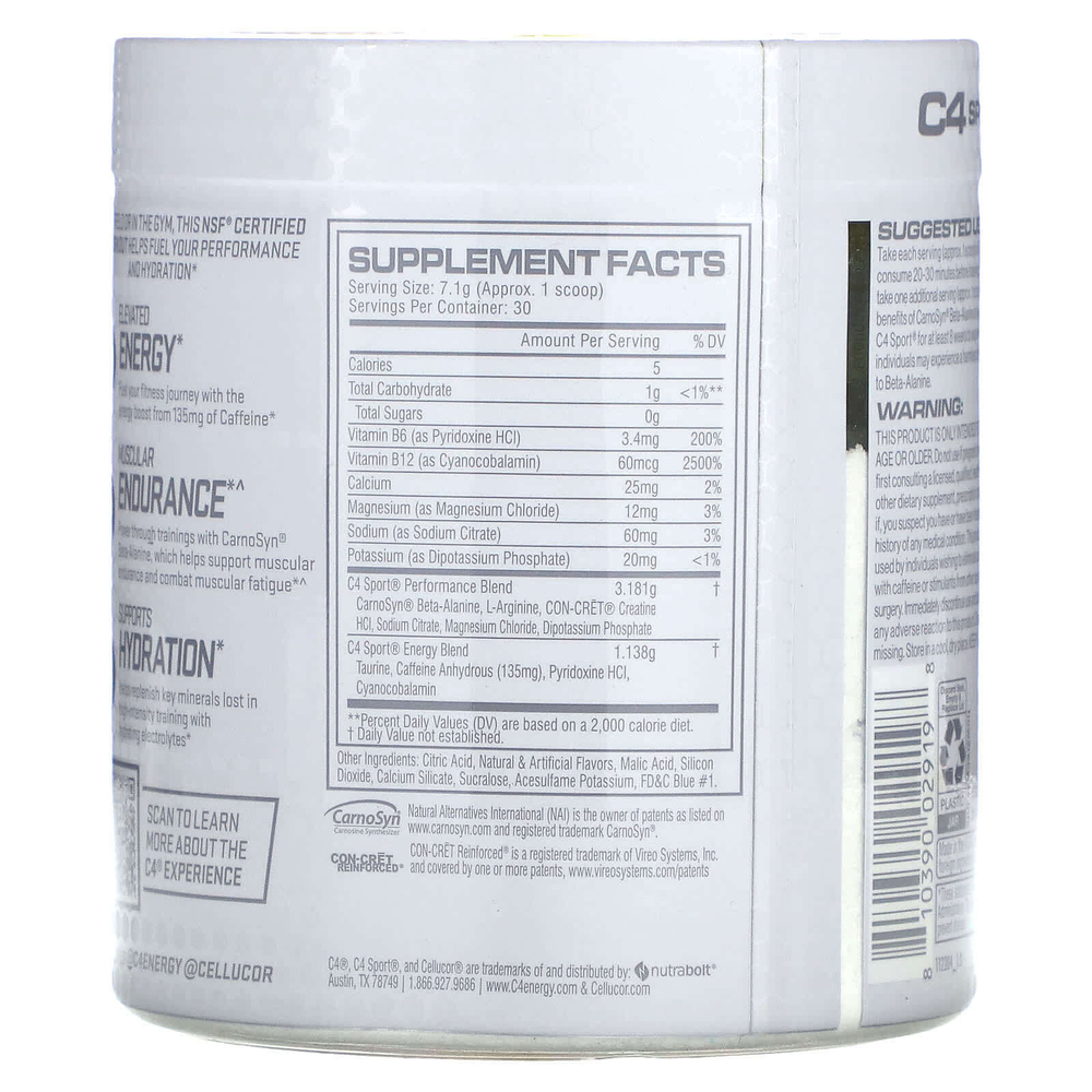 C4 / Cellucor, C4 Sport, предтренировочный, голубая малина,  213 г (7.5 унций)