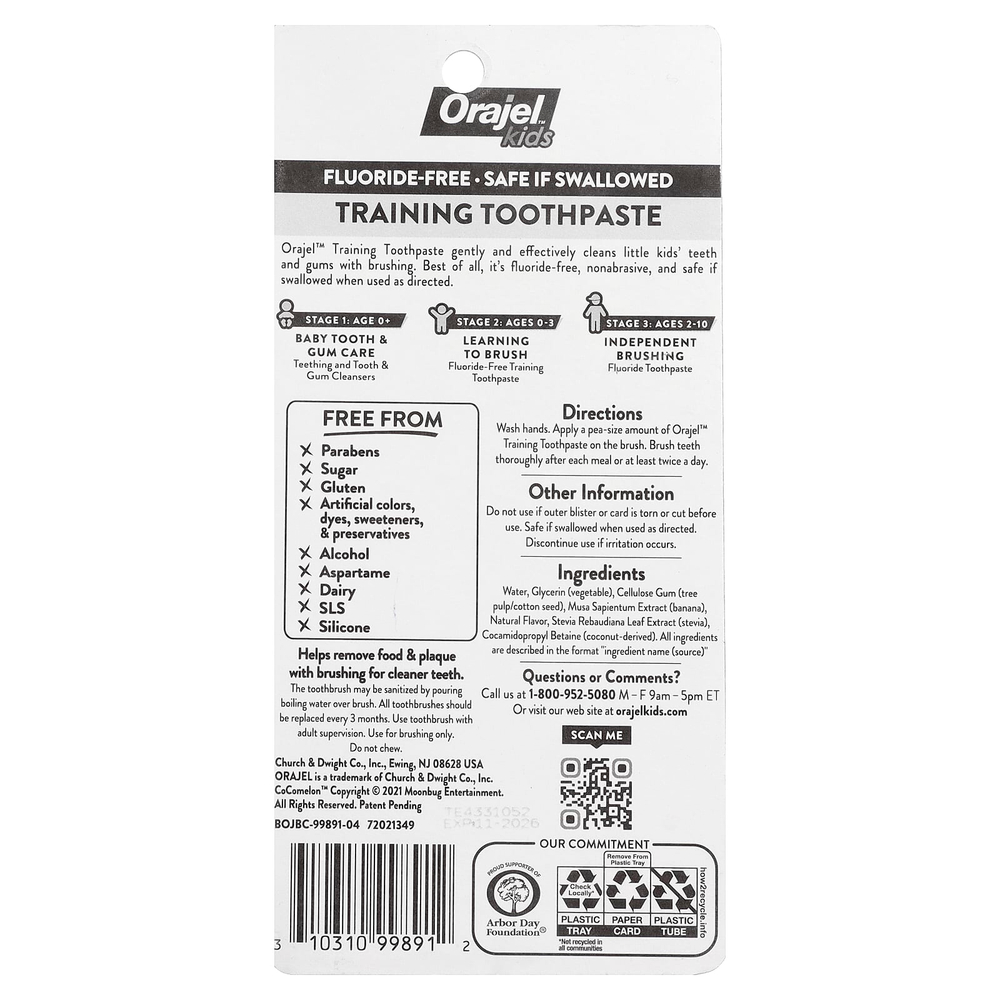 Orajel, Kids, Cocomelon Training, зубная паста с зубной щеткой, без фтора, для детей от 0 до 3 лет, арбуз, набор из 2 предметов, 28,3 г (1 унция)