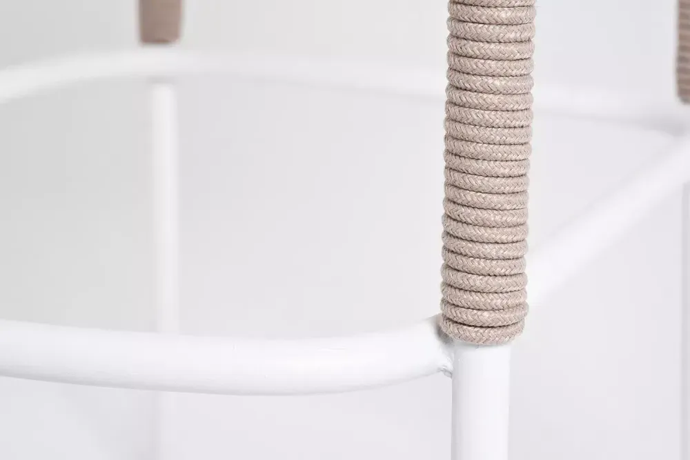 "Марсель" стул барный плетеный из роупа, каркас из стали белый муар, роуп бежевый круглый, ткань бежевая 15052