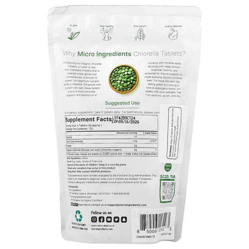 Micro Ingredients, Таблетка с органической хлореллой, 720 таблеток (0,5 г в 1 таблетке)