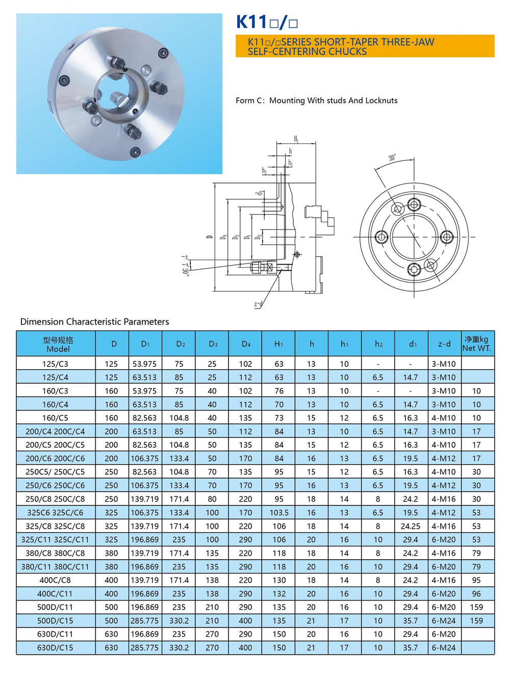 Токарный патрон К11-500/С8, посадка на условный конус 8, трехкулачковый, самоцентрирующийся, цельные кулачки