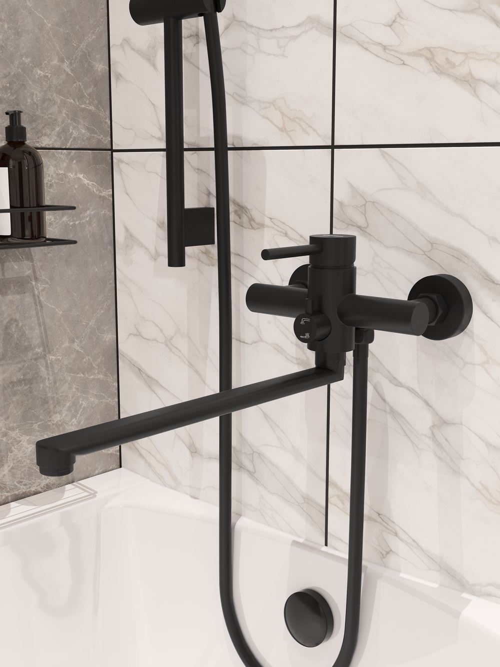 Смеситель с длинным изливом для ванны STWORKI Киркенес S45115BK матовый черный