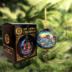 Шар новогодний (круговая роспись Палех) Белый тигр в коробке