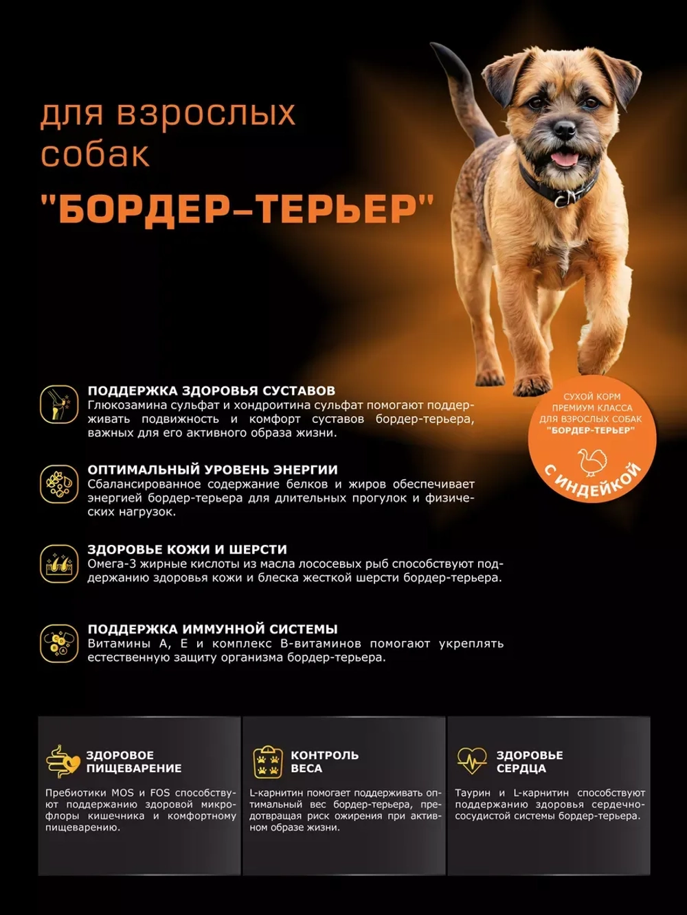 Корм сухой для собак породы Бордер-терьер, индейка 800 гр