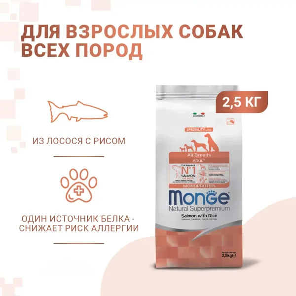 Уценка! Повр.упак./ Сухой корм Monge Dog Speciality Line Monoprotein для взрослых собак всех пород, из лосося с рисом