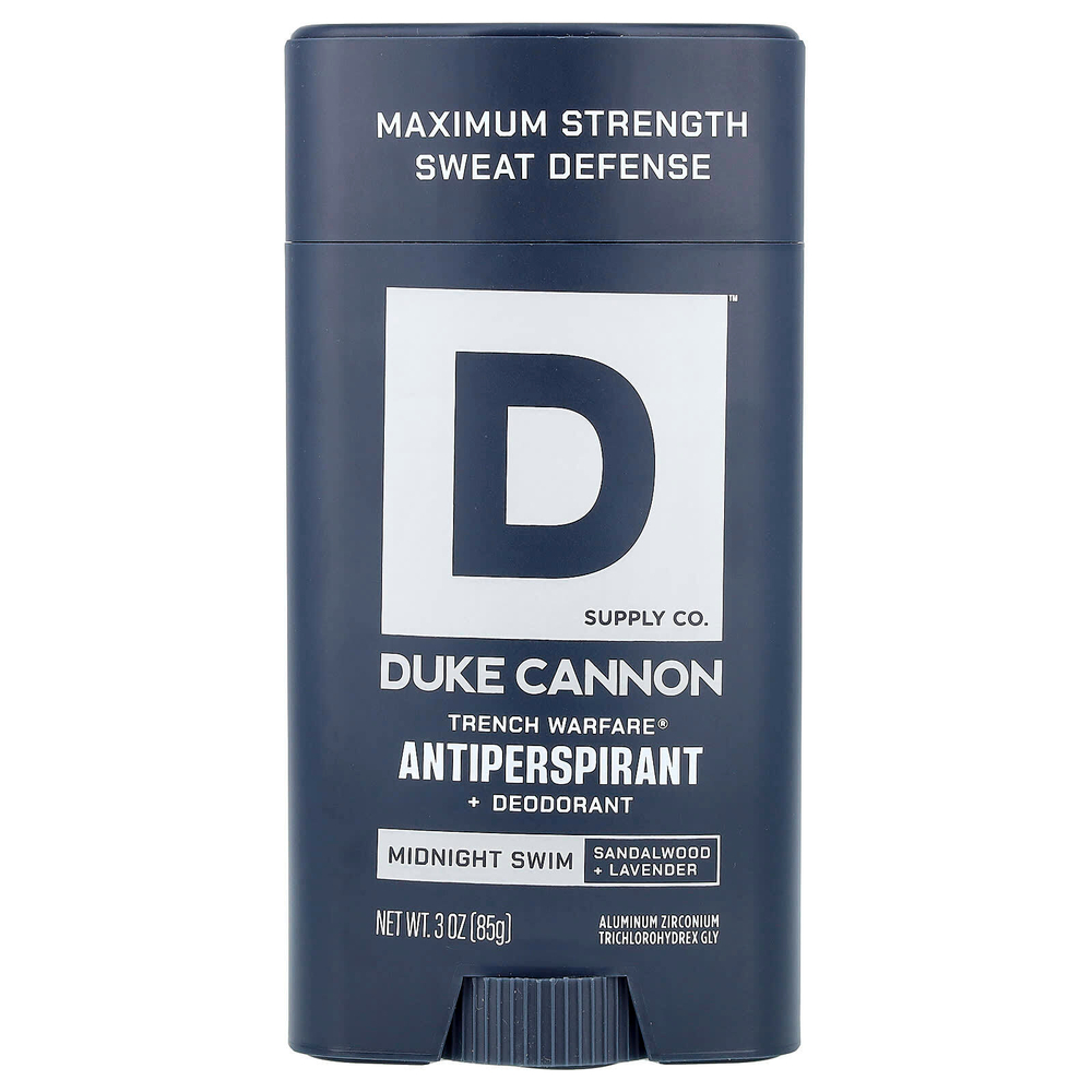 Duke Cannon Supply Co., Trench Warfare® антиперспирант и дезодорант, Midnight Swim, сандаловое дерево и лаванда, 85 г (3 унции)