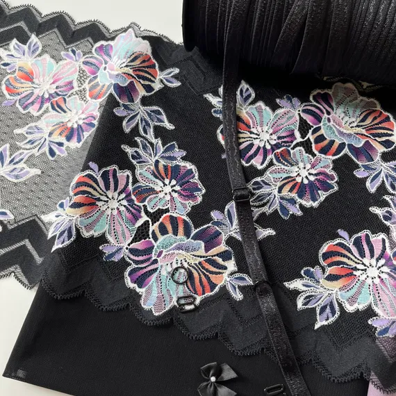 Кружево эластичное черное/цветы 22 см, Китай