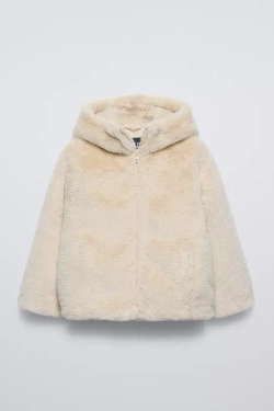 ZARA КУРТКА С КАПЮШОНОМ ИЗ ИСКУССТВЕННОГО МЕХА, СВЕТЛО-БЕЖЕВЫЙ
