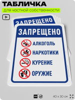 Табличка для частной территории "Запрещено: алкоголь наркотики курение и оружие", для участка, организаций и частных территорий, предупреждающая, 40х30 см, Silver Plane x Айдентика Технолоджи